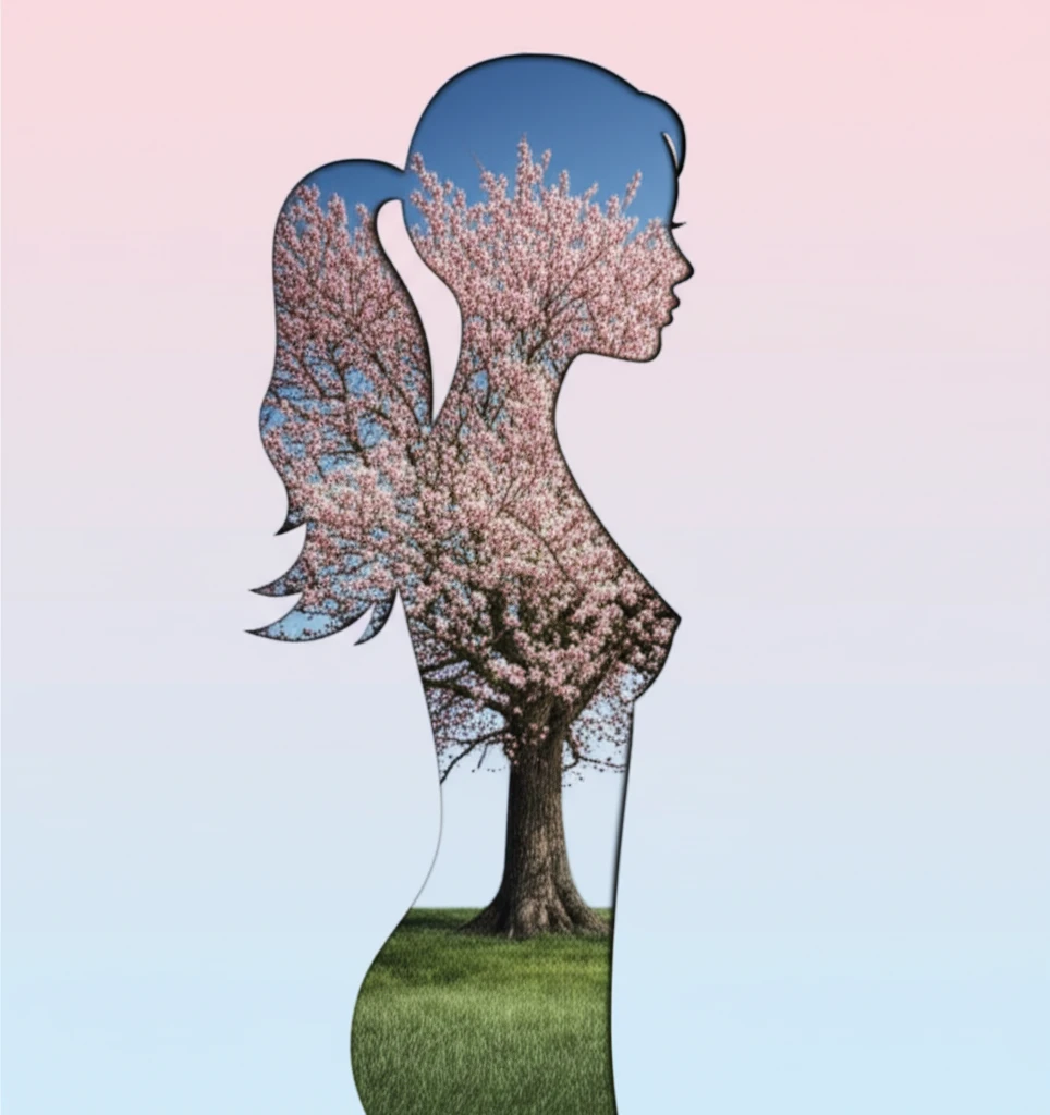 Symbolic illustration of breast health and growth with a blooming tree within a woman's silhouette.