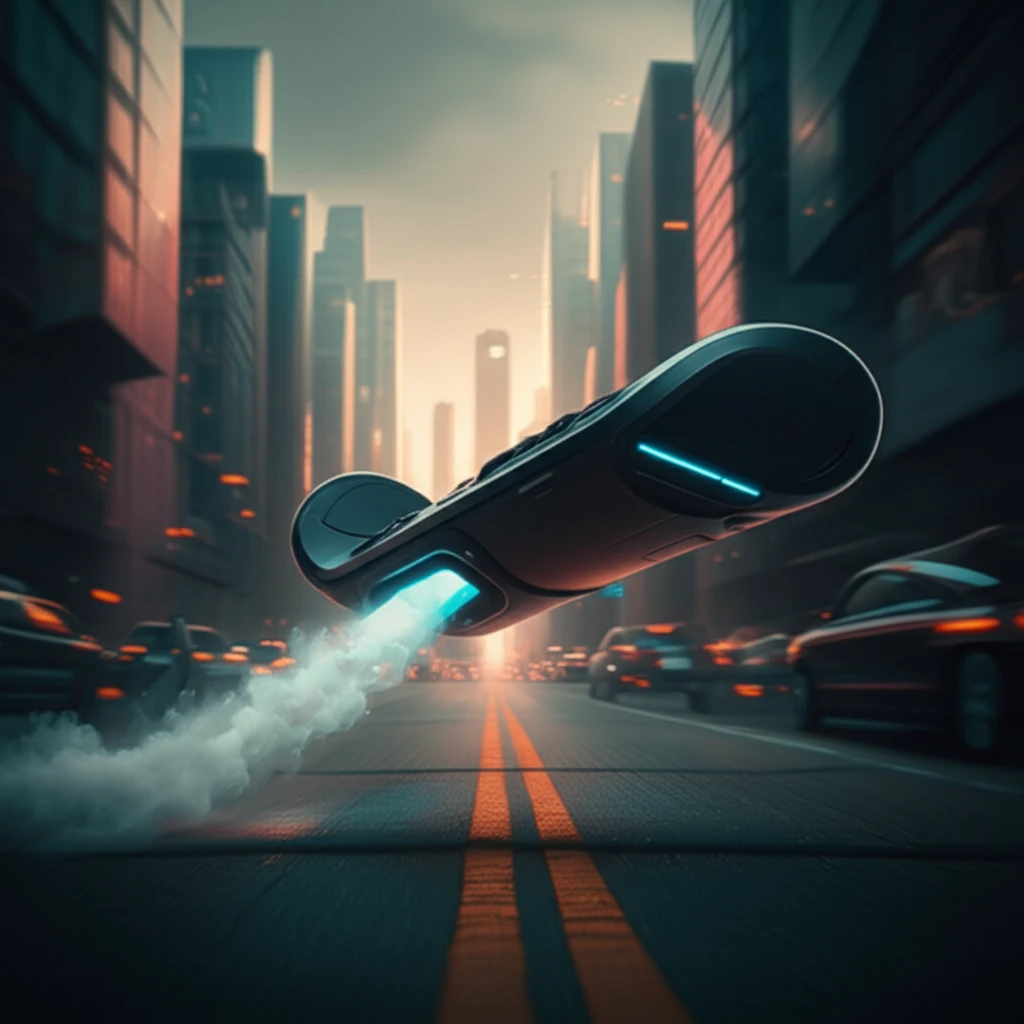 Futuristic hoverboard floating above a city street.