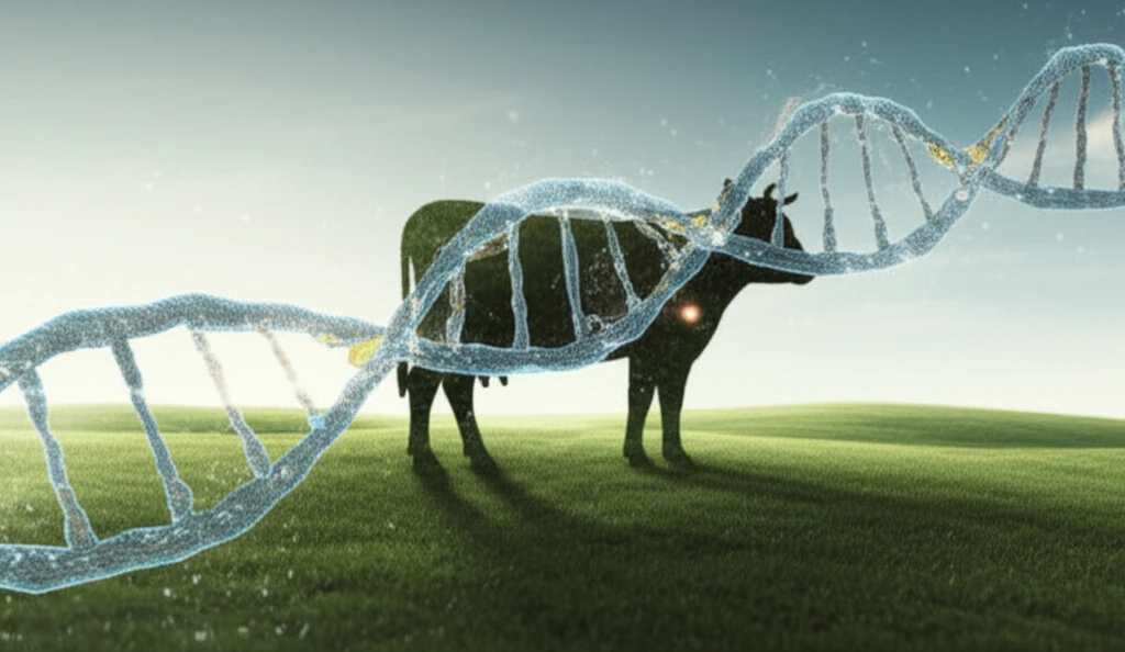 DNA strands intertwining with a cow silhouette, symbolizing dairy genetics.