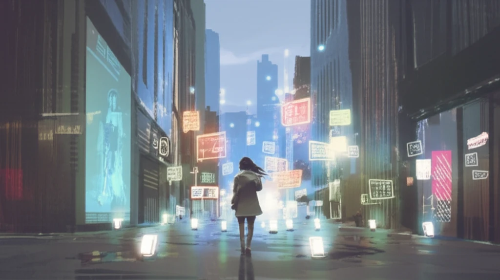 A person surrounded by glowing beacons emitting personalized information.