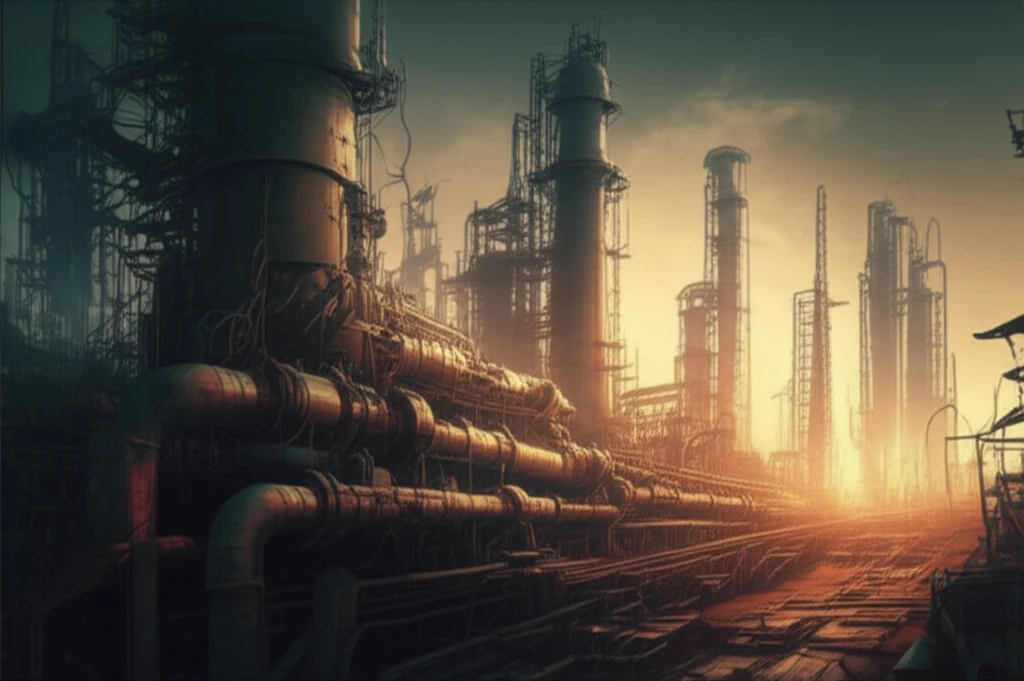 Surreal illustration of intertwined roots and wires beneath a refinery, symbolizing the integration of nature and technology.