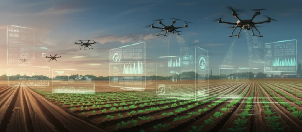 Futuristic farm with drones and AI interfaces