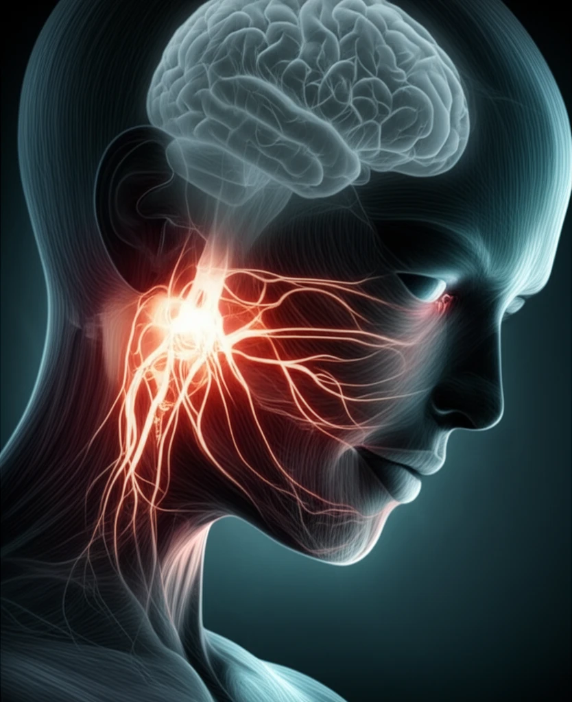 Surreal illustration of interconnected pain points radiating from the jaw, symbolizing the far-reaching impact of TMD on overall well-being.
