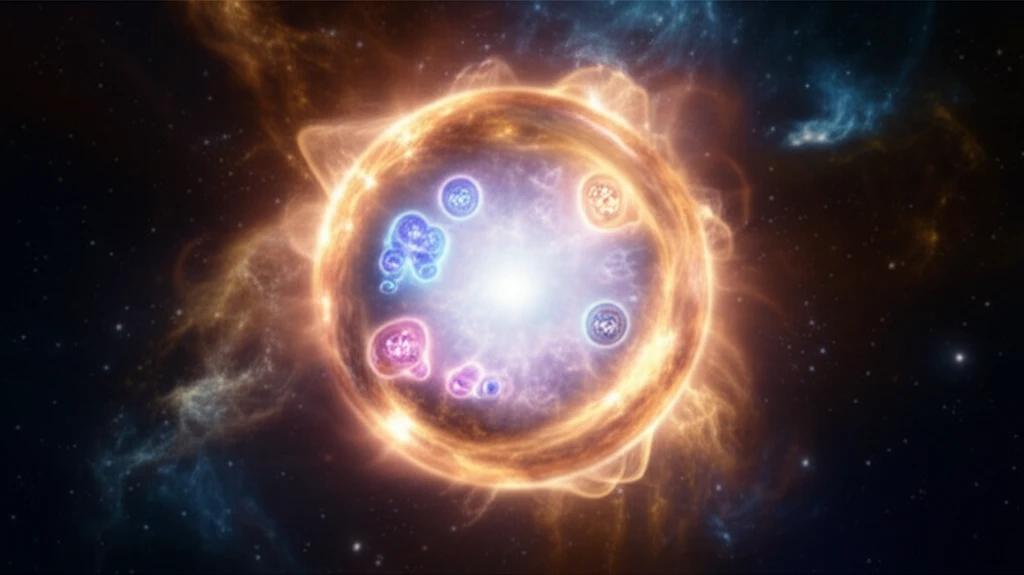 A surreal illustration of a star with radioactive isotopes within, symbolizing stellar nucleosynthesis.