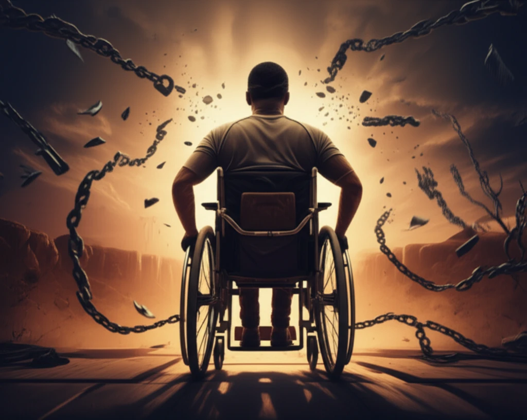 Empowered wheelchair user breaking free from barriers.