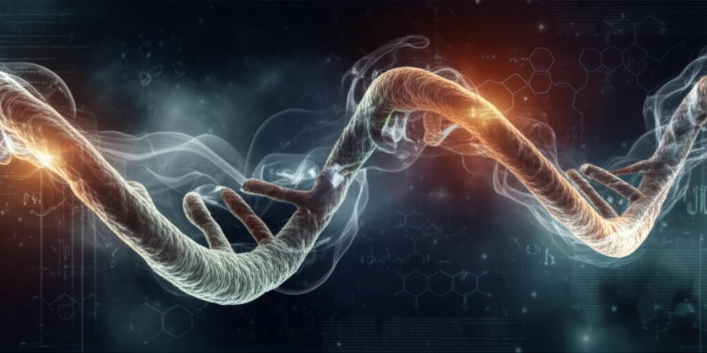 DNA strands intertwined with smoke, symbolizing the impact of smoking on genes.