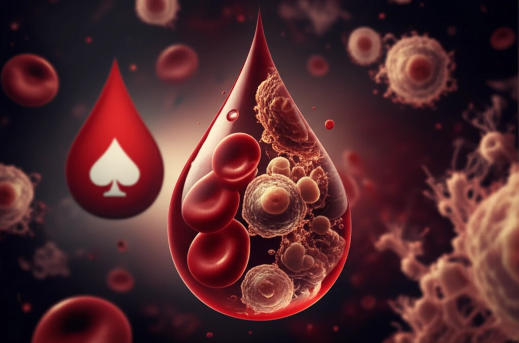 Surreal image of a blood drop morphing into leukemia cells, symbolizing the loss of blood type antigens.