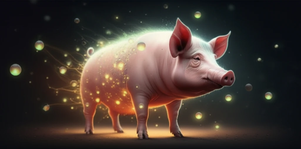 Stylized pig surrounded by glowing phosphorus molecules, symbolizing efficient nutrient absorption.