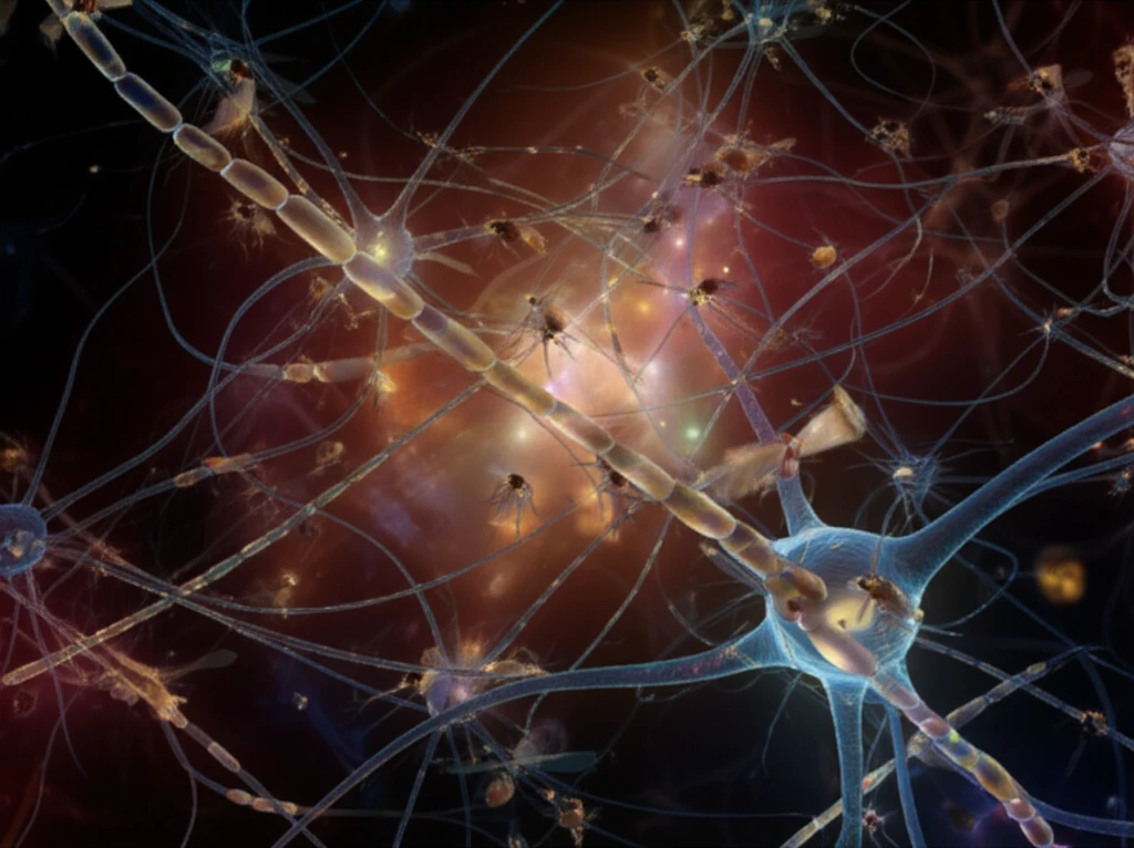 Interconnected neurons and genetic pathways symbolizing SMN-Gemins complex interactions in Drosophila.