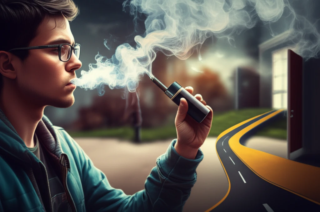 Vaping's Gateway Effect: E-cigarette vapor transforming into cigarette smoke on a college campus.