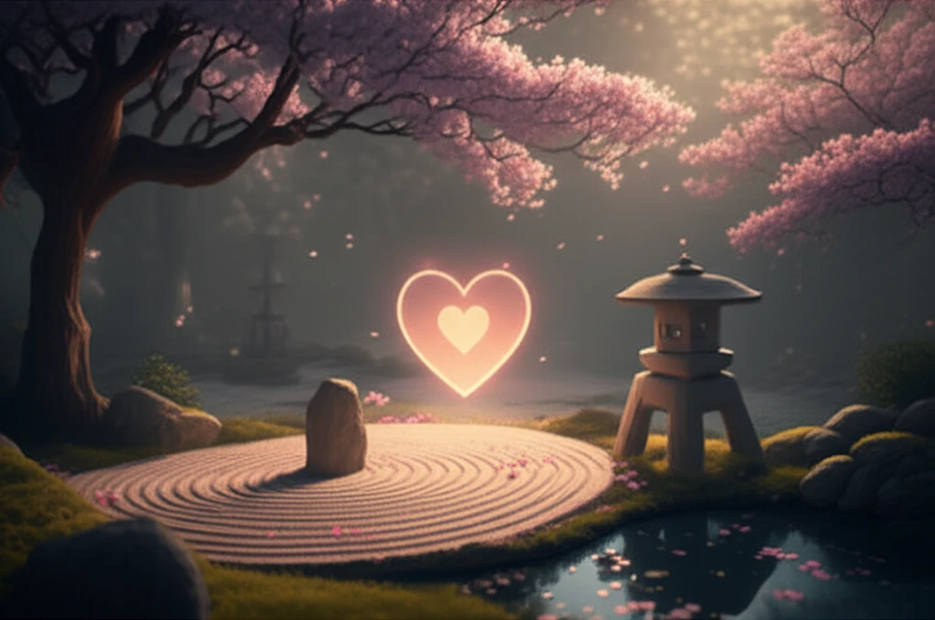 Japanese garden with glowing heart symbolizing palliative care.