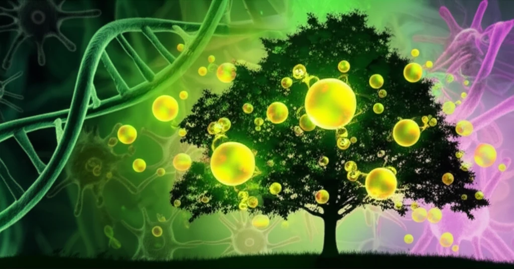 Surreal illustration of Albizia lebbeck tree with glowing molecules, representing its anticancer properties.