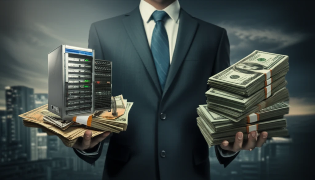 Business manager balancing equipment and money, symbolizing cost-effective leasing.