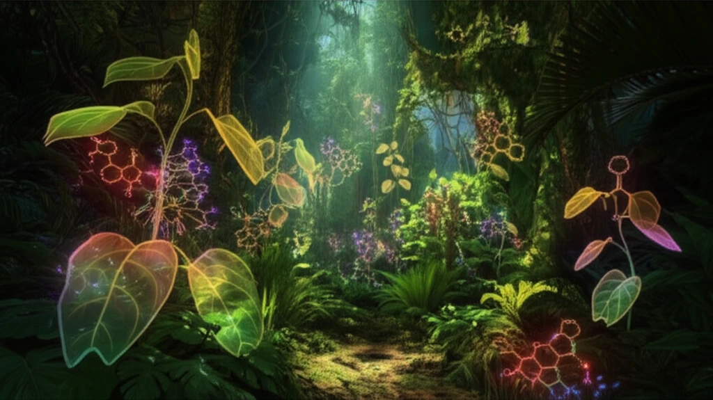 Surreal image of Amazon rainforest with glowing Piper plant chemical structures.
