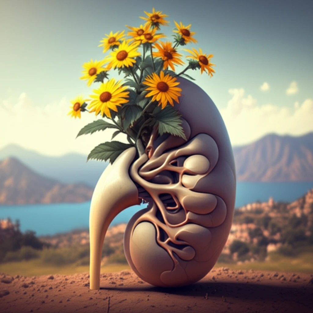Verbesina crocata plant growing from a kidney, representing natural diuretic support.