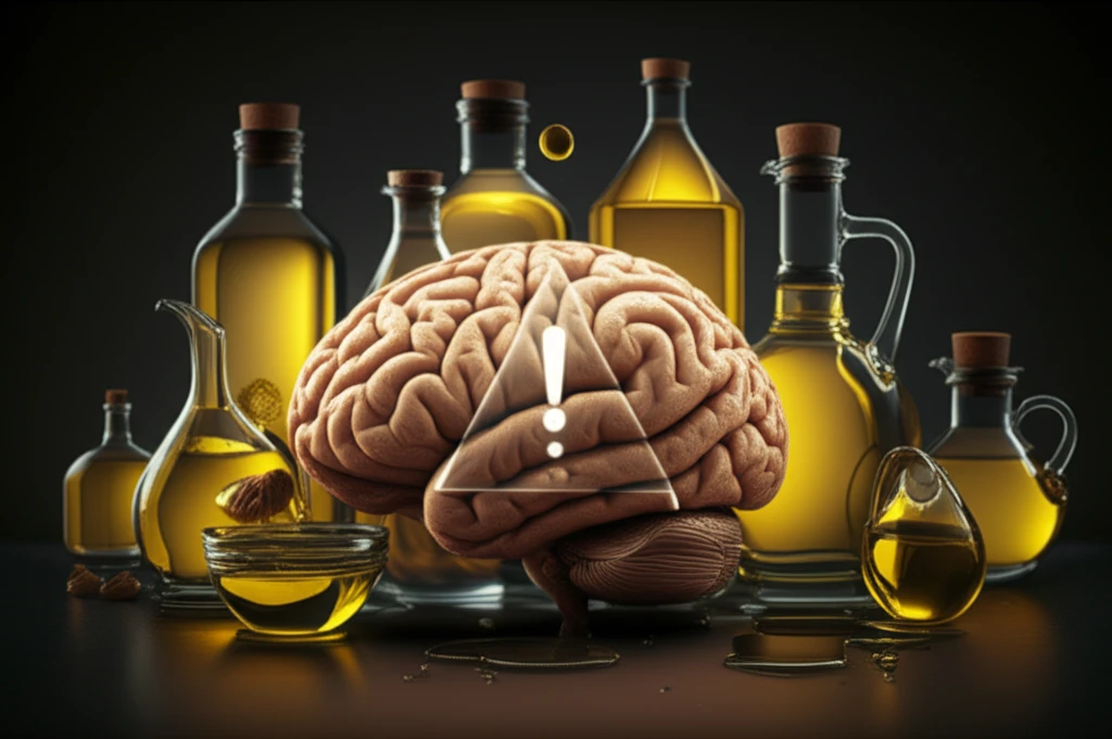 Warning symbol over vegetable oils impacting a brain, symbolizing Alzheimer's risk.