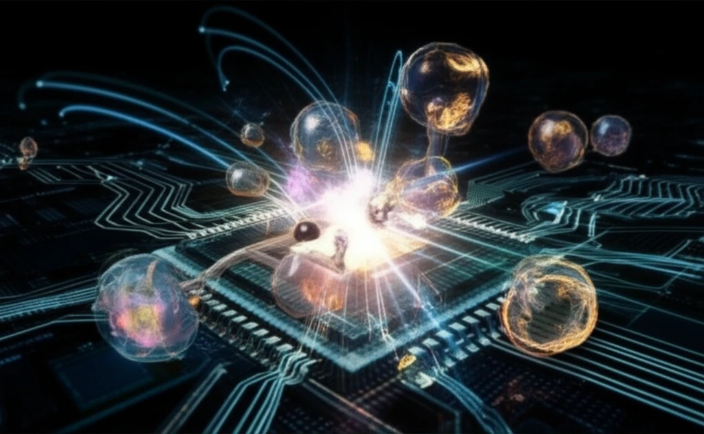 Molecules interacting on a microchip with data streams, symbolizing high throughput screening and the elimination of false signals in drug discovery.