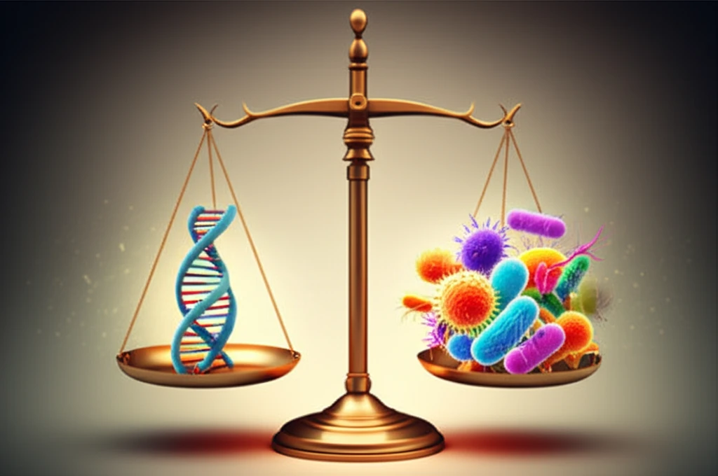 A balanced scale representing the influence of genes and gut microbiome on gut health.