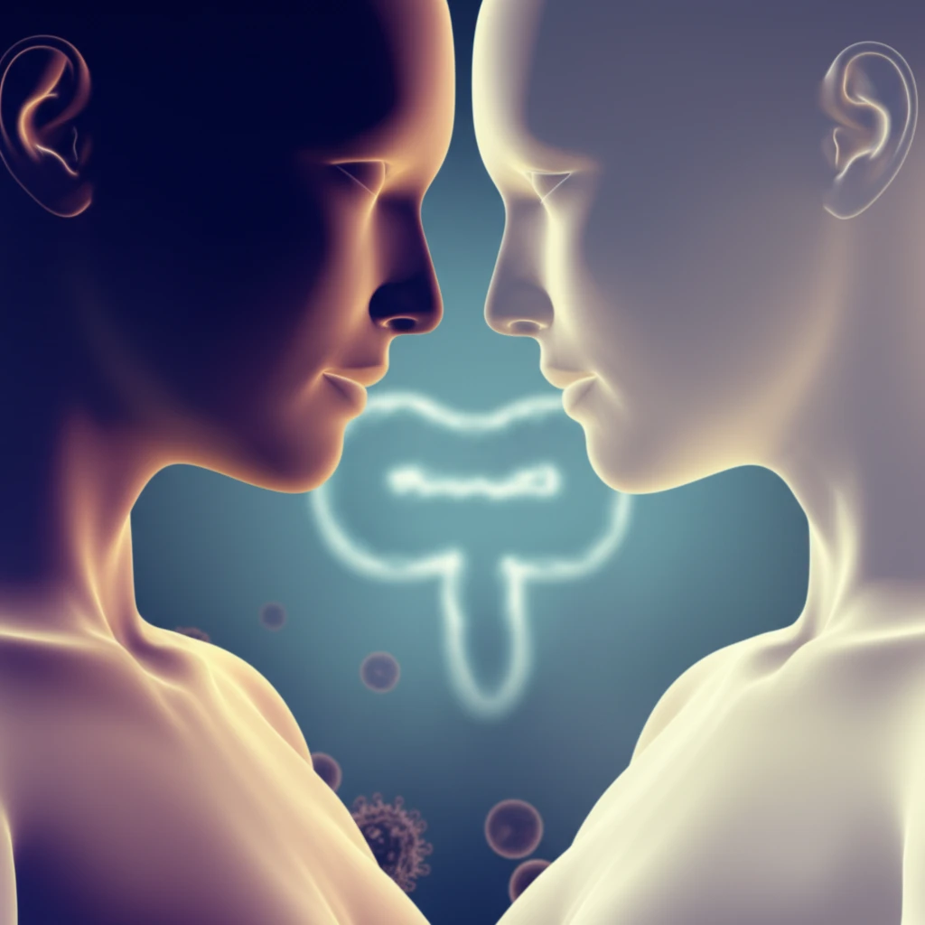 Intertwined figures symbolizing spouses, with a colon-shaped symbol representing shared colorectal cancer risk and the importance of early detection.