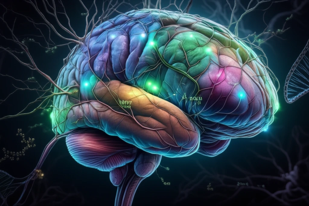 Illustration of a brain with glowing methyl groups representing DNA methylation, symbolizing health and healing.