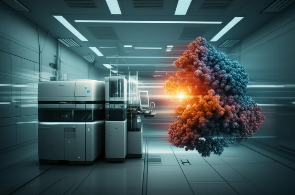 Futuristic lab with UPLC machine analyzing Cefdinir.