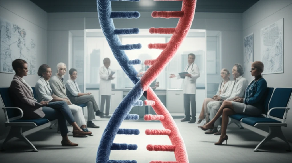 Genetic testing in France with DNA helix and diverse people.