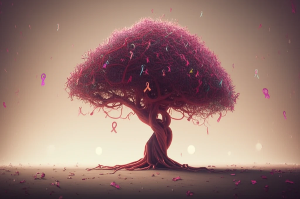 Surreal illustration of cancer ribbons and blood vessels symbolizing cancer-related thrombosis.