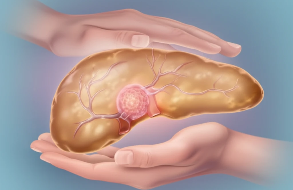 Illustration of a healthy pancreas with a small, glowing cystadenoma.