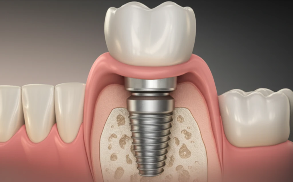Dental implant with healthy bone and receding gums, highlighting the importance of tissue balance.