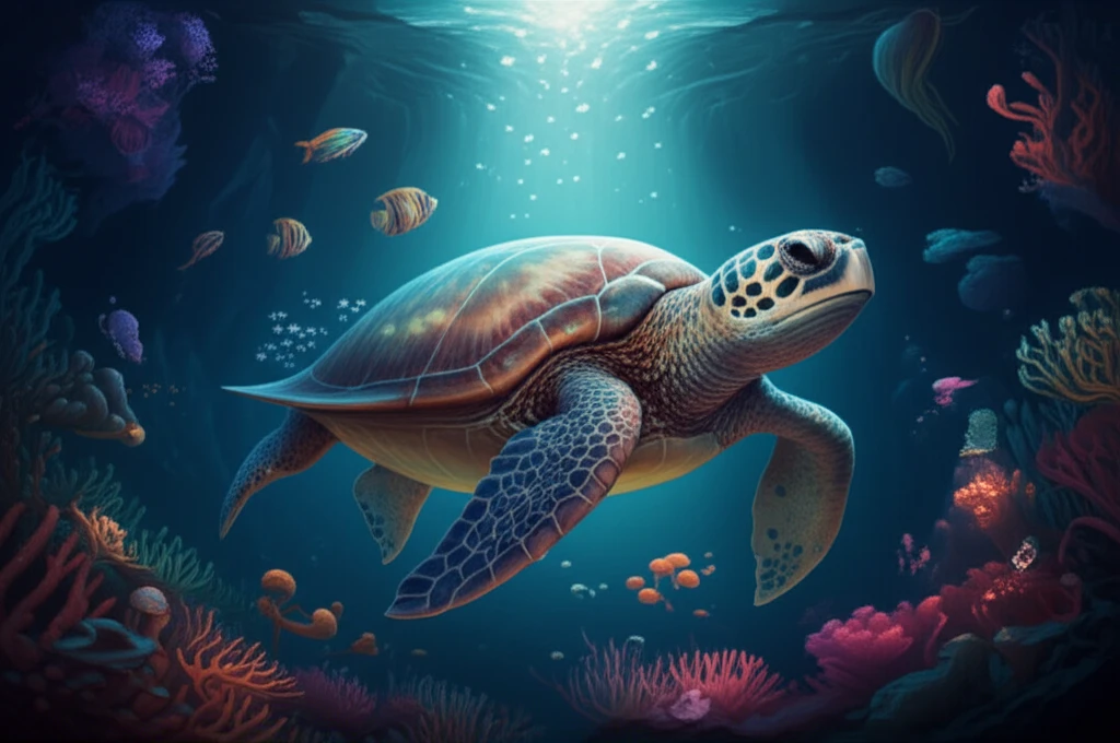 Futuristic turtle with bio-inspired keel and tail swimming in bioluminescent ocean.