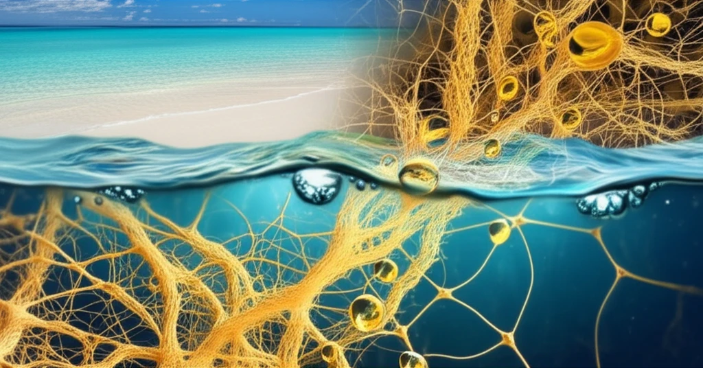 Microscopic view of nanocellulose aerogel fibers absorbing oil from water.