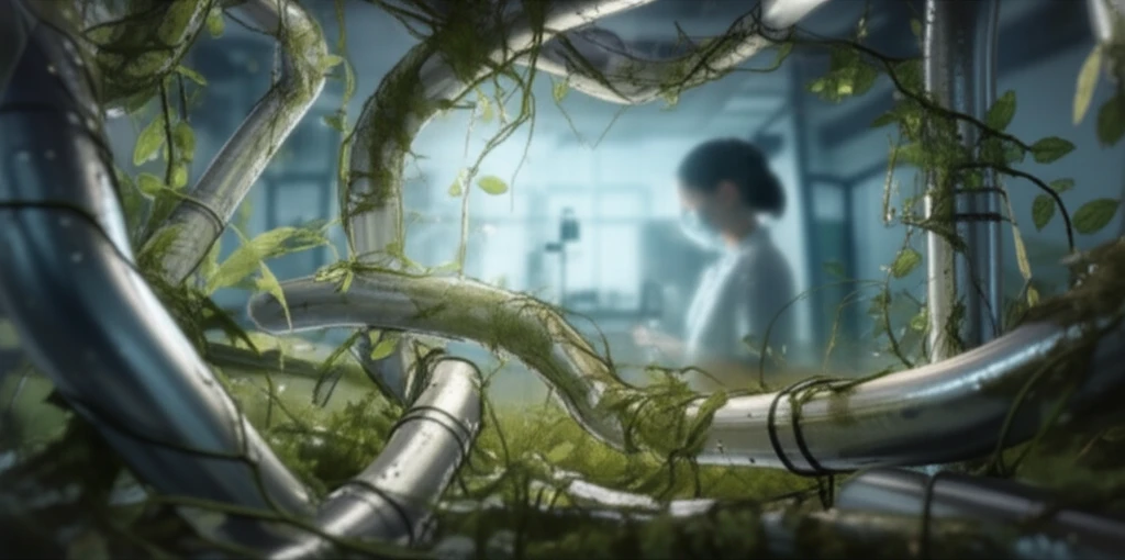 Hospital water pipes with green plants symbolizing safe water and health.