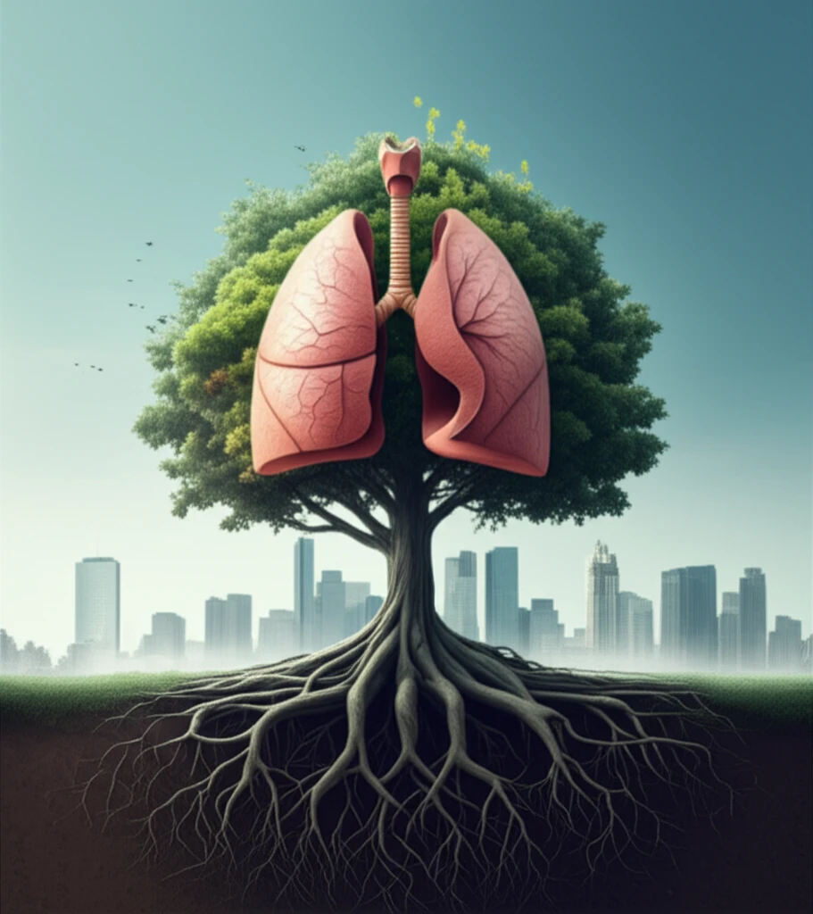 Lungs intertwined with a tree symbolizing the positive impact of clean air on life expectancy.