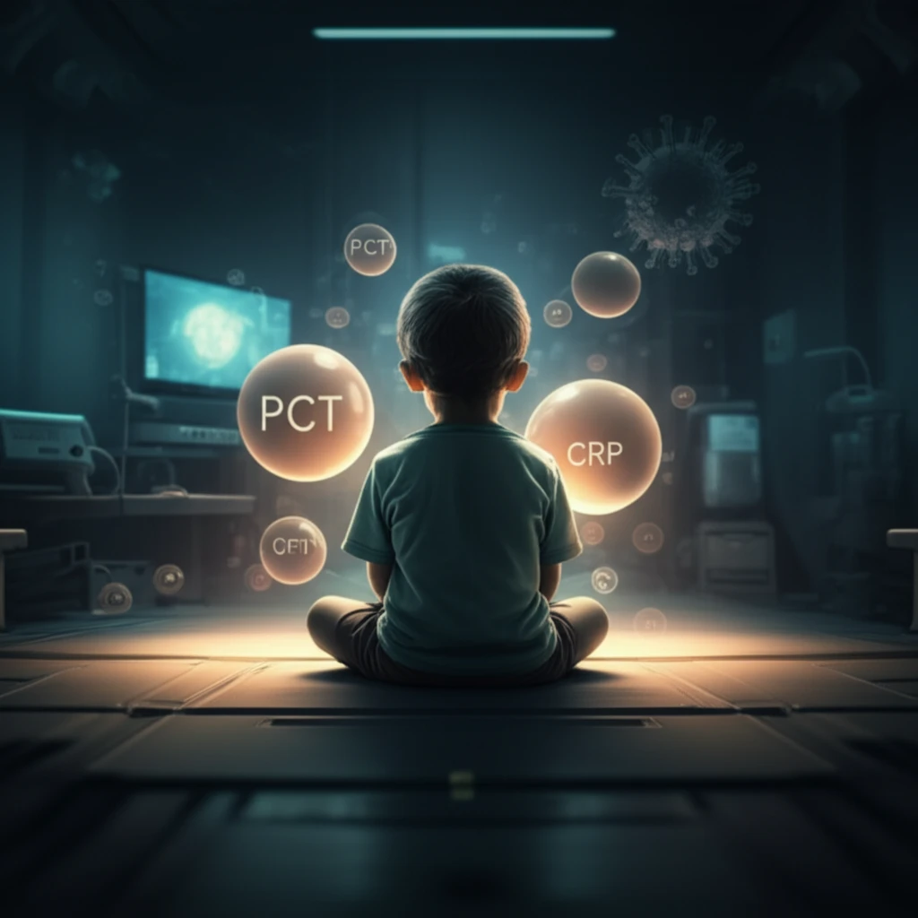 Child surrounded by glowing orbs representing PCT and CRP levels, with a subtle H1N1 virus shape in the background.