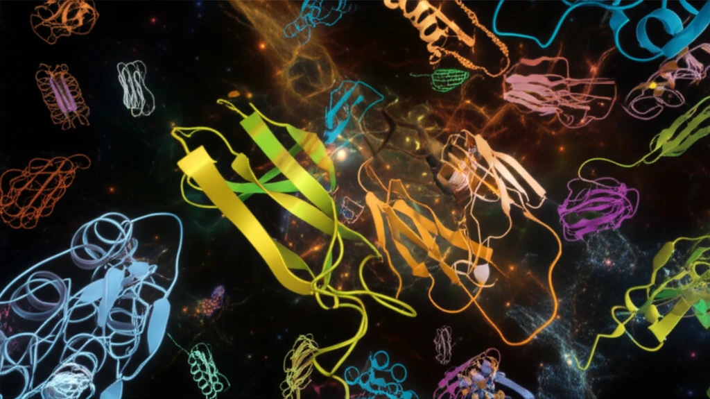 Abstract illustration of interconnected proteins with highlighted creative elements.