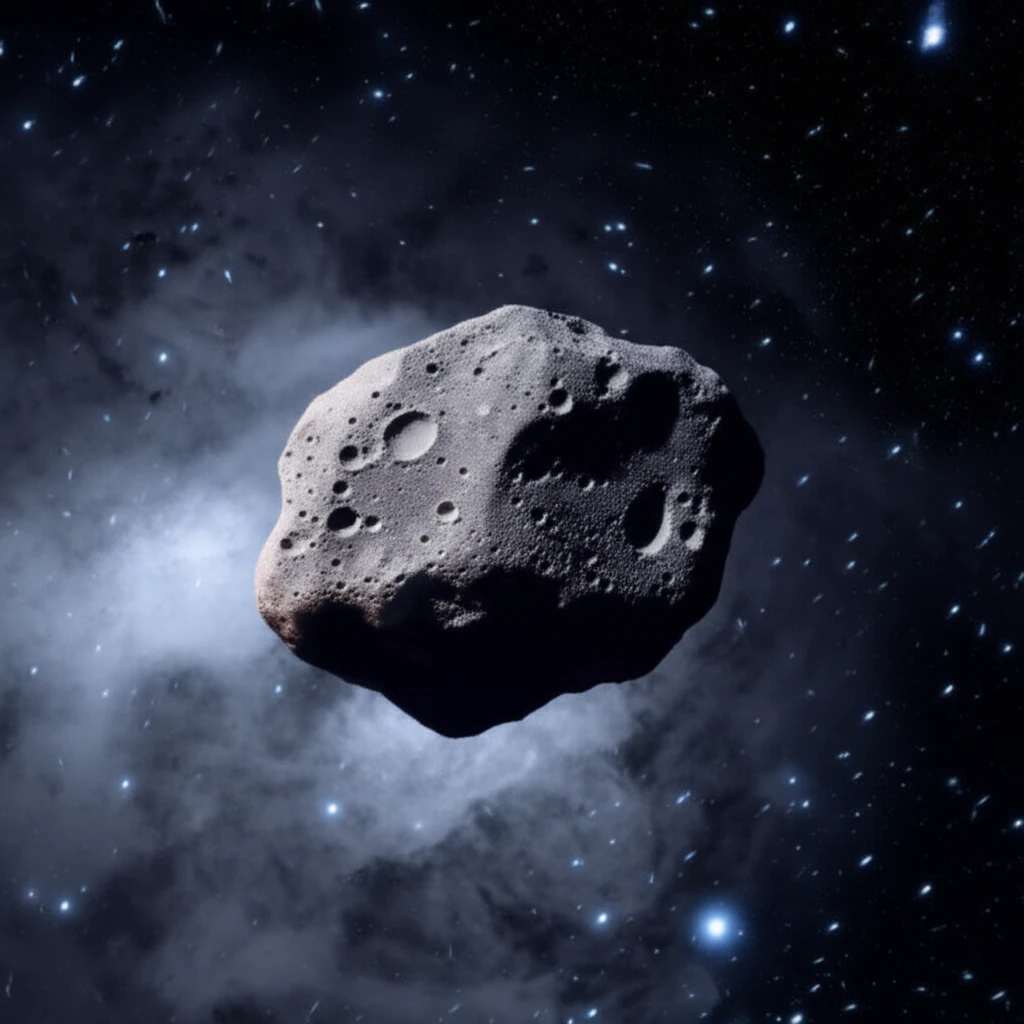 Surreal image of a rocky asteroid with a faint coma in the Oort Cloud