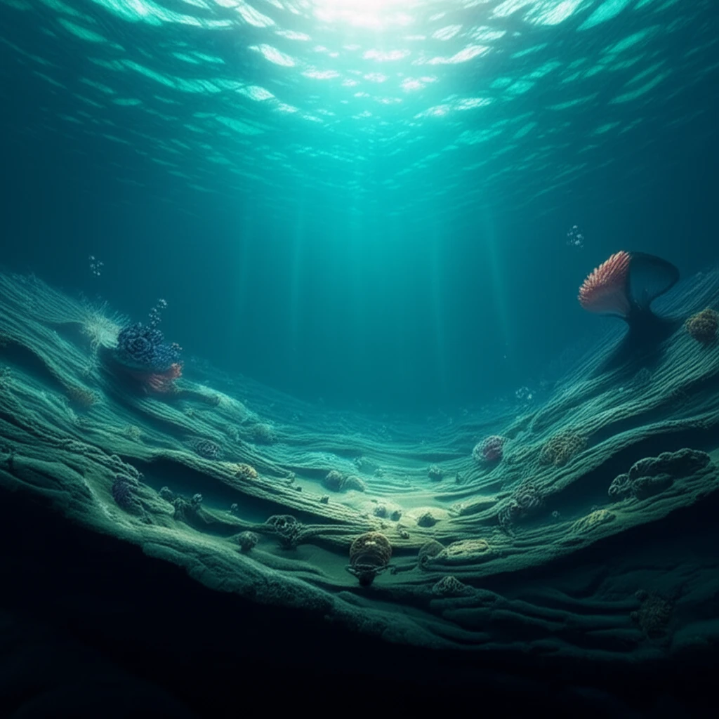 Underwater scene illustrating the carbon and phosphorus cycles in the Arabian Sea sediments.