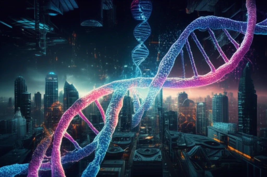 DNA strand intertwined with cityscape.