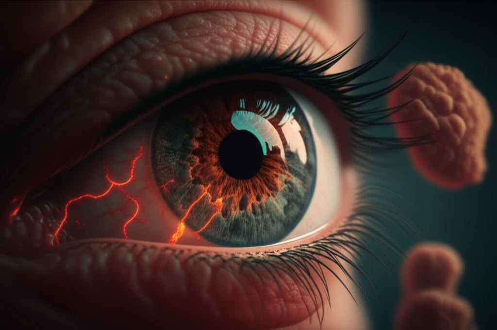 Illustration of an eye with inflamed blood vessels and granulomas, symbolizing necrotizing retinopathy in sarcoidosis.