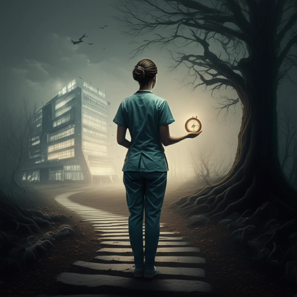 A nurse at a crossroads, symbolizing ethical decisions.