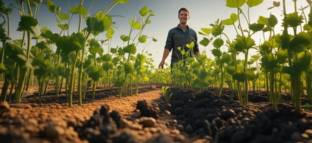 Lentil field with biochar promoting growth and suppressing weeds.