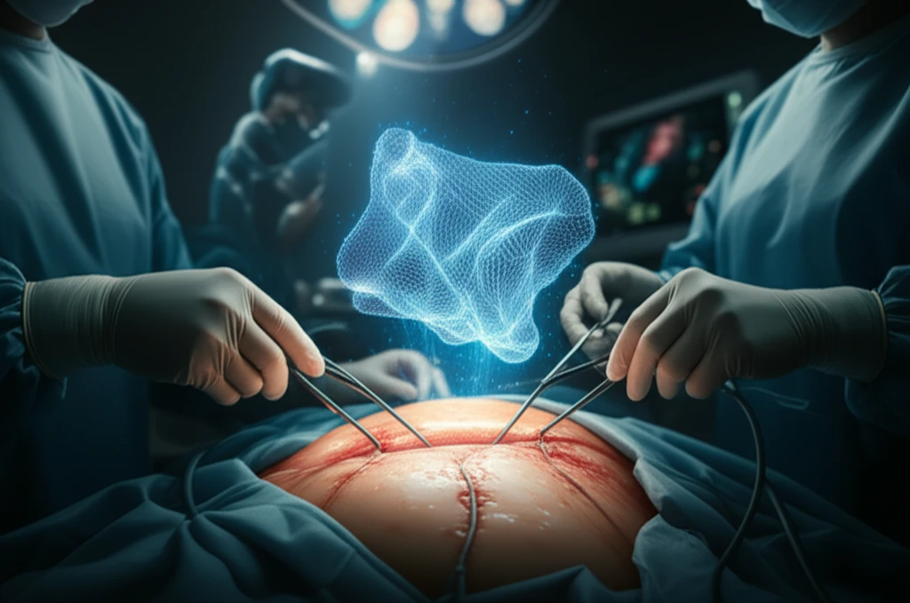 Surreal illustration of parastomal hernia surgery with glowing blue mesh.