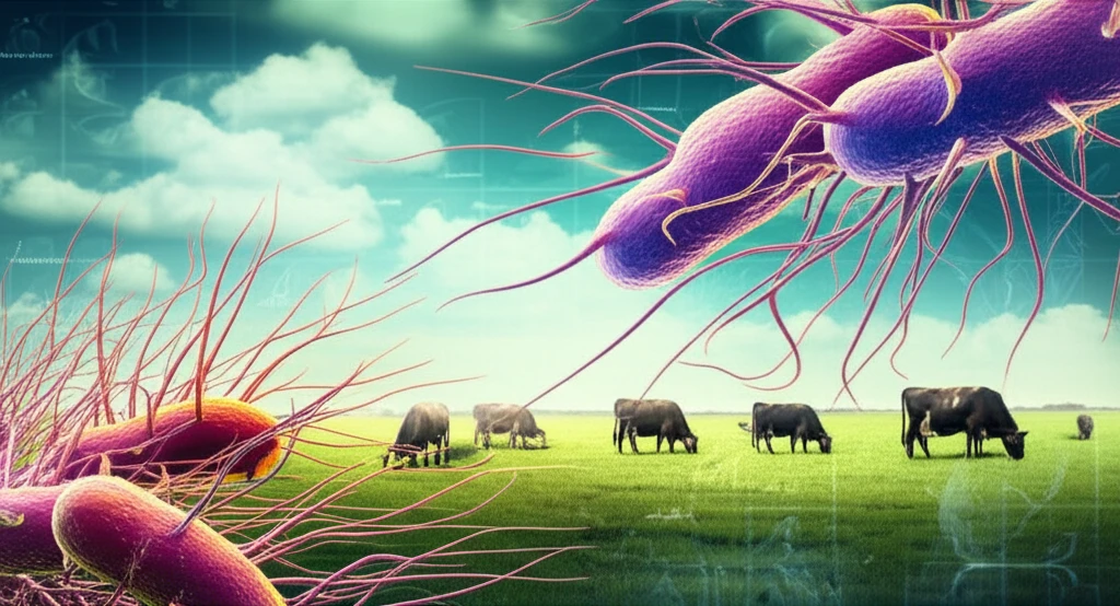 Microscopic view of E. coli bacteria with long fimbriae on a cattle landscape.