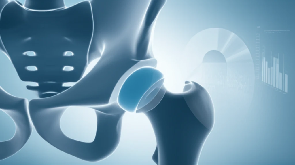 Illustration of a hip joint showing cam morphology with data visualization overlay.