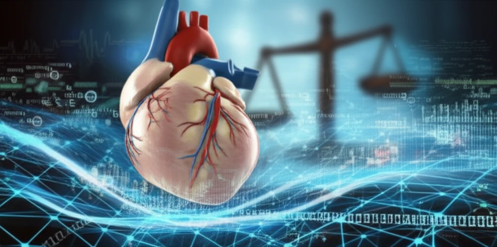 Heart valve floating in data streams with scales in background, symbolizing balanced quality assessment.