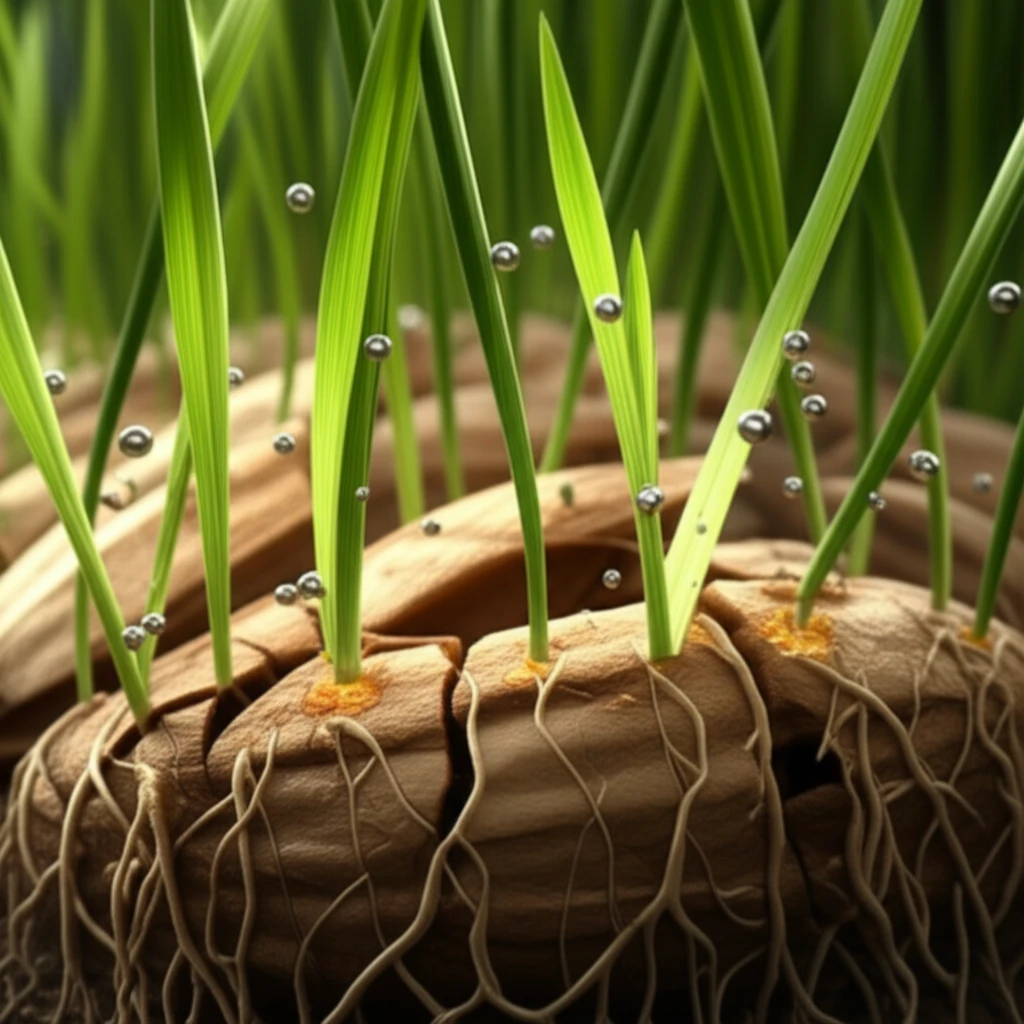 Aged rice seeds rejuvenated by silver nanoparticles, resulting in healthy green shoots.