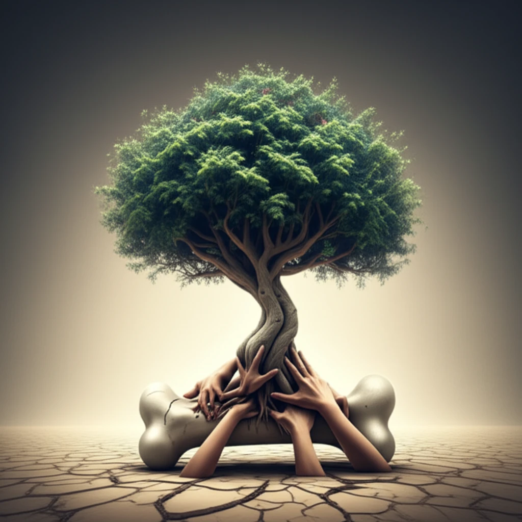 Healing tree growing from bone landscape, symbolizing fracture prevention and care.