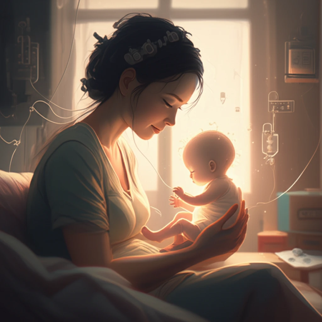 Mother cradling low birth weight baby at home