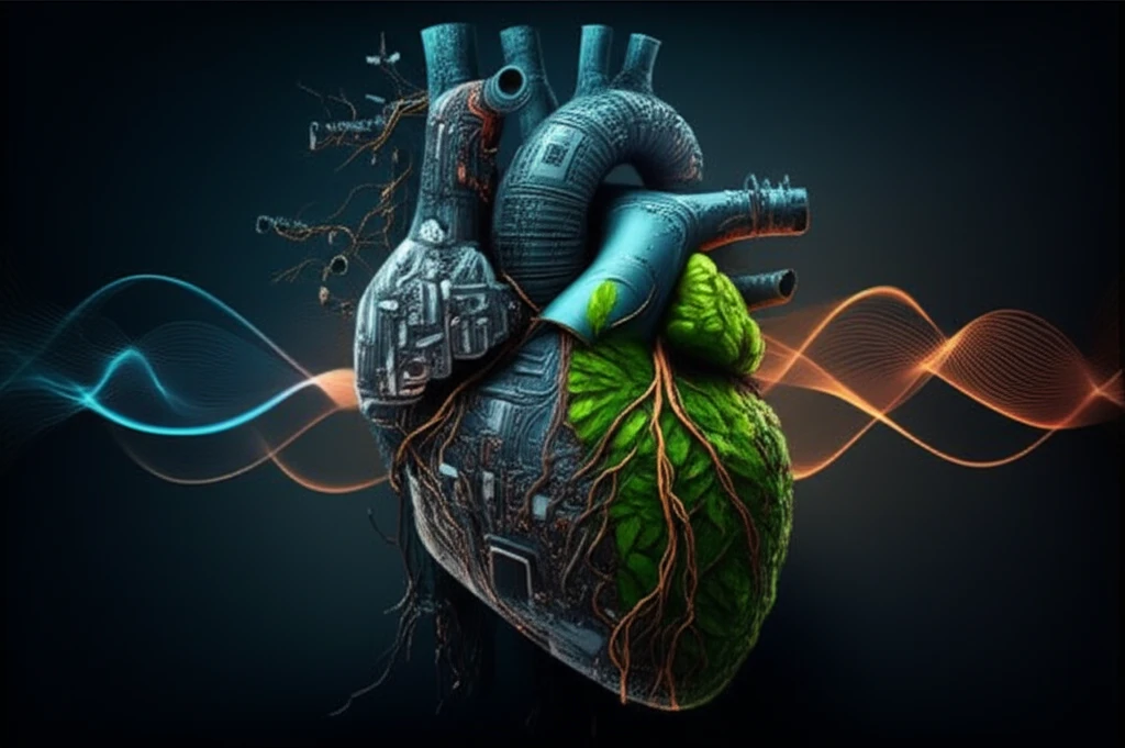 Technology and nature merging in a human heart, representing balance in cardiac treatment.