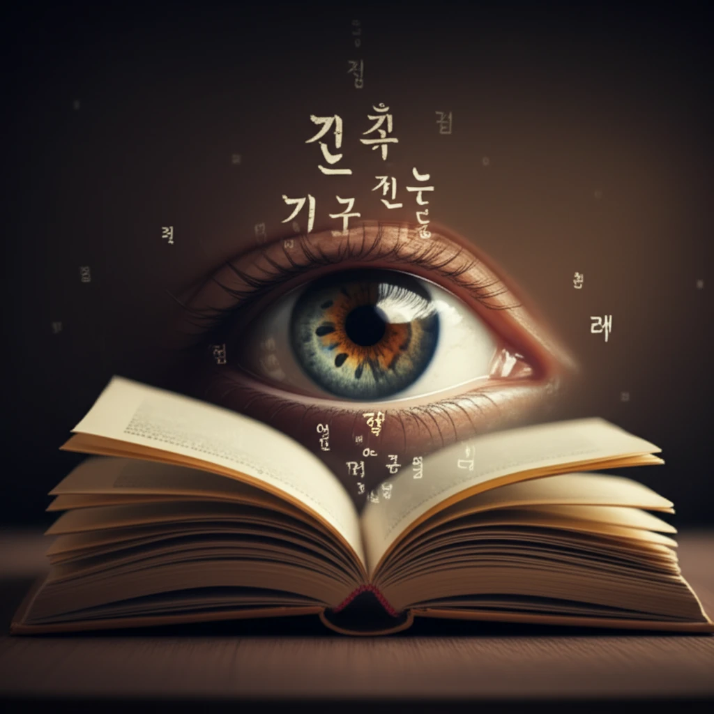 Surreal image of an open book with Korean characters forming an eye, representing reading speed assessment.